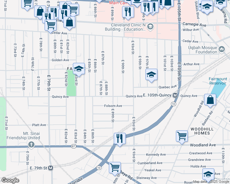 map of restaurants, bars, coffee shops, grocery stores, and more near 2335 East 89th Street in Cleveland