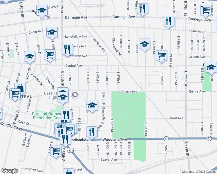 map of restaurants, bars, coffee shops, grocery stores, and more near 2301 East 65th Street in Cleveland