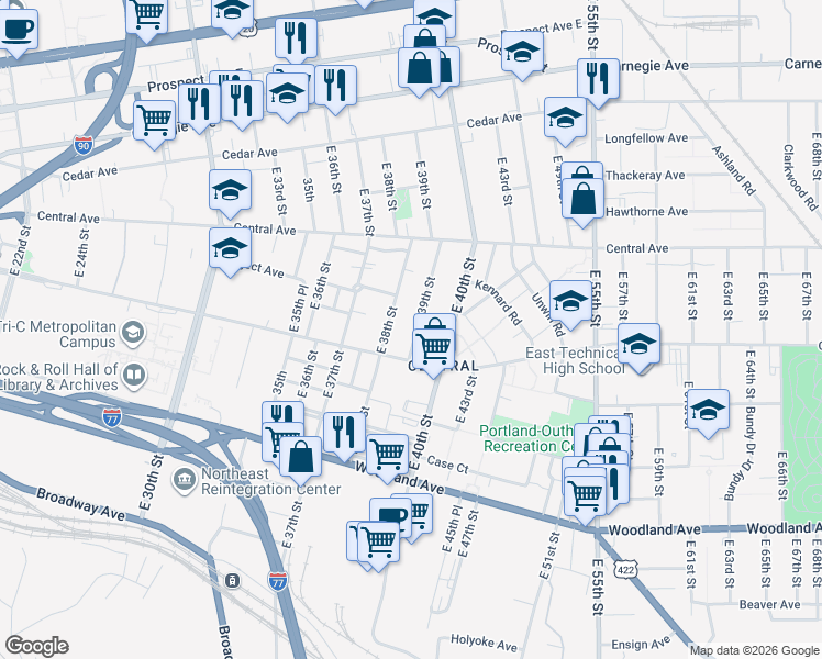 map of restaurants, bars, coffee shops, grocery stores, and more near 2370 East 39th Street in Cleveland