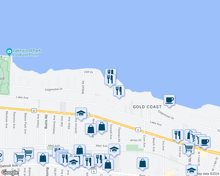 map of restaurants, bars, coffee shops, grocery stores, and more near 12900 Lake Avenue in Lakewood