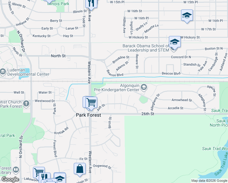 map of restaurants, bars, coffee shops, grocery stores, and more near 130 Algonquin Street in Park Forest