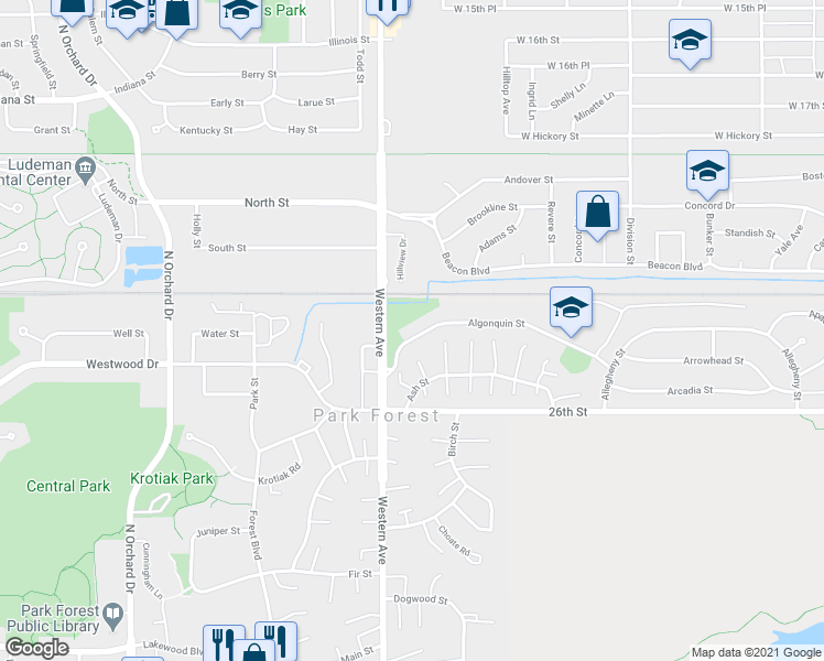 map of restaurants, bars, coffee shops, grocery stores, and more near 108 Algonquin Street in Park Forest