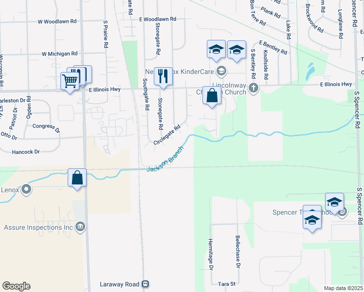 map of restaurants, bars, coffee shops, grocery stores, and more near 318 Circlegate Road in New Lenox