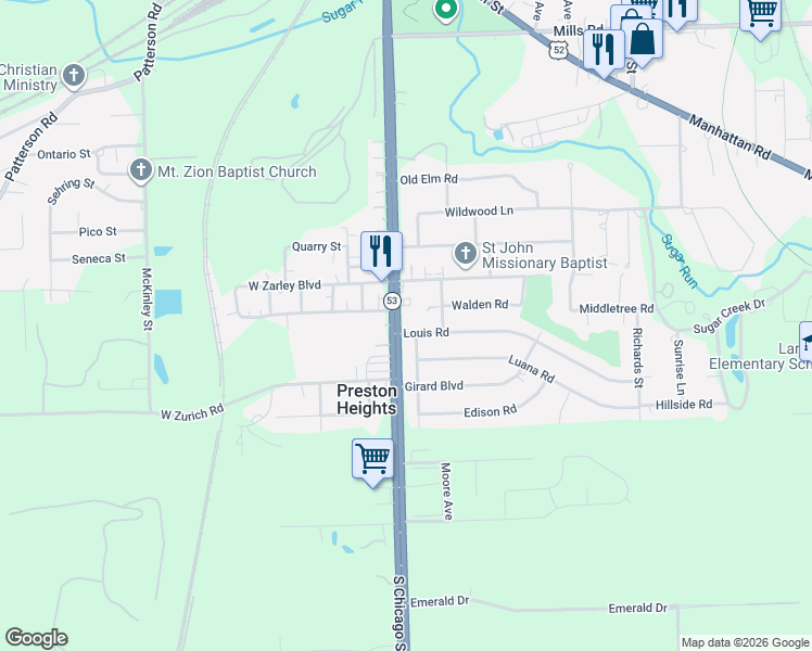 map of restaurants, bars, coffee shops, grocery stores, and more near 1610 South Chicago Street in Joliet