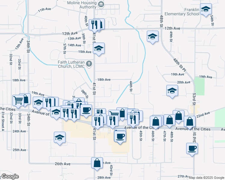 map of restaurants, bars, coffee shops, grocery stores, and more near 1814 43rd Street in Moline