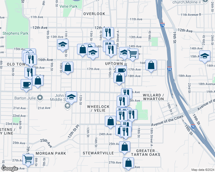 map of restaurants, bars, coffee shops, grocery stores, and more near 1807 15th St in Moline