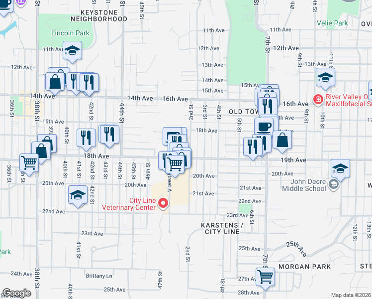 map of restaurants, bars, coffee shops, grocery stores, and more near 1817 2nd Street in Moline