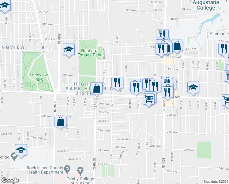 map of restaurants, bars, coffee shops, grocery stores, and more near 1701 25th Street in Rock Island