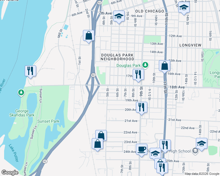 map of restaurants, bars, coffee shops, grocery stores, and more near 1724 5th Street in Rock Island