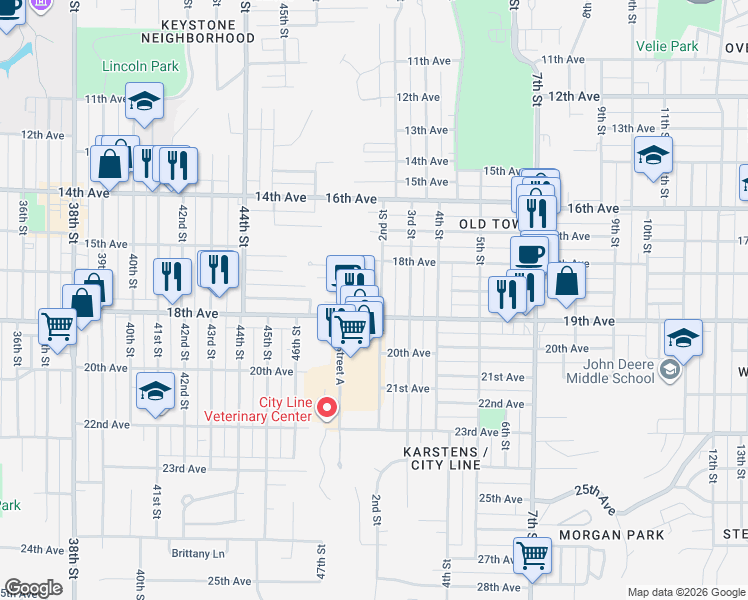 map of restaurants, bars, coffee shops, grocery stores, and more near 1817 2nd Street in Moline