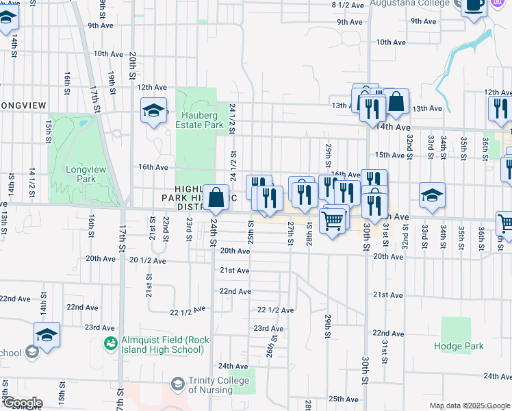 map of restaurants, bars, coffee shops, grocery stores, and more near 1717 25th Street in Rock Island