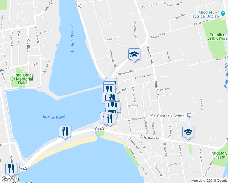 map of restaurants, bars, coffee shops, grocery stores, and more near 8 Seascape Avenue in Middletown