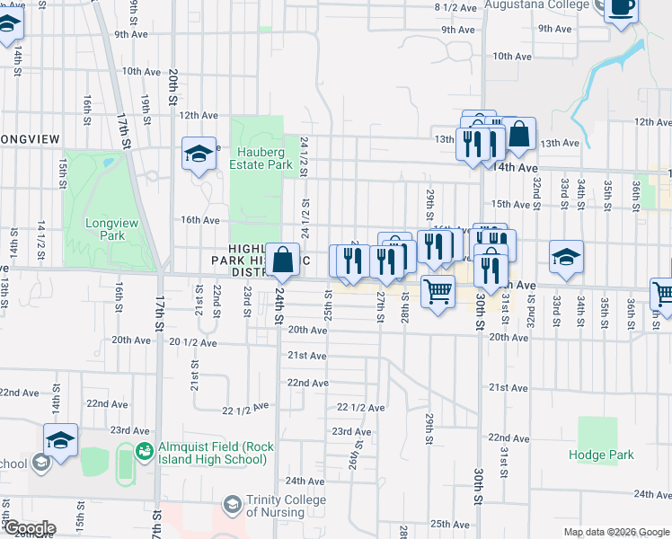 map of restaurants, bars, coffee shops, grocery stores, and more near 1701 25th Street in Rock Island