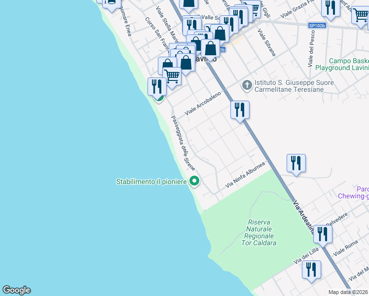 map of restaurants, bars, coffee shops, grocery stores, and more near 105 Passeggiata Sirene in Anzio
