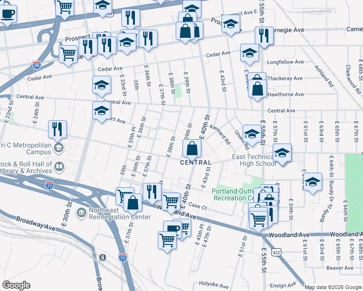 map of restaurants, bars, coffee shops, grocery stores, and more near 2370 East 39th Street in Cleveland