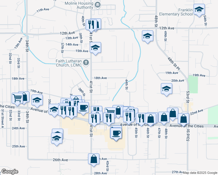 map of restaurants, bars, coffee shops, grocery stores, and more near 1814 43rd Street in Moline