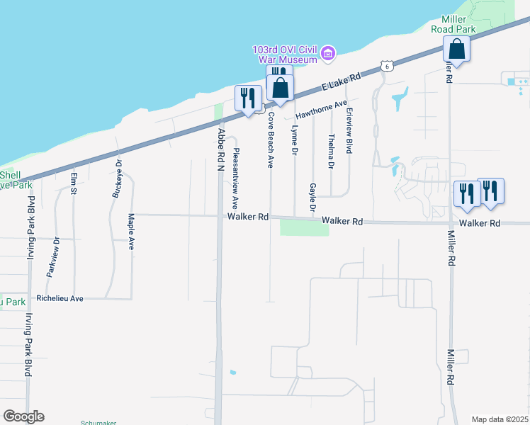 map of restaurants, bars, coffee shops, grocery stores, and more near 384 Cove Beach Avenue in Sheffield Lake