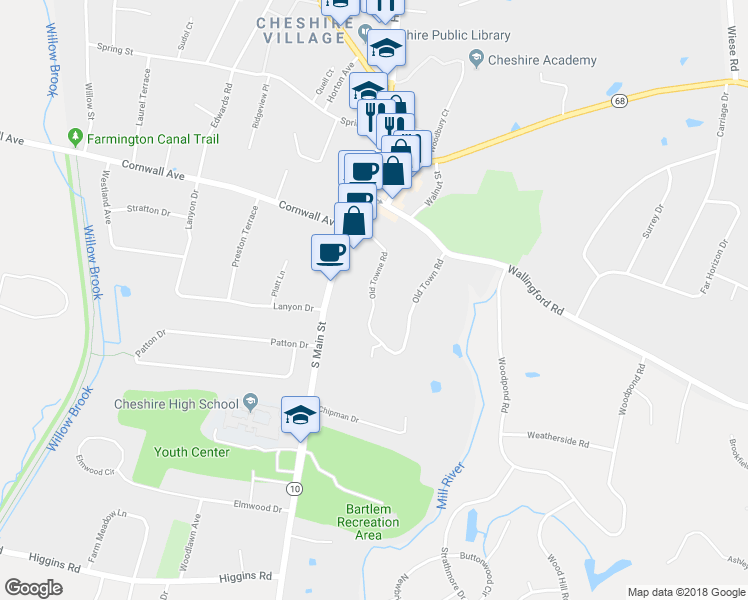 map of restaurants, bars, coffee shops, grocery stores, and more near 107 Old Towne Road in Cheshire