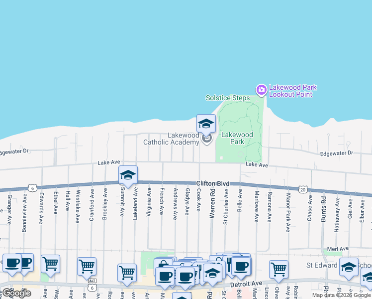 map of restaurants, bars, coffee shops, grocery stores, and more near 1060 Abbieshire Avenue in Lakewood