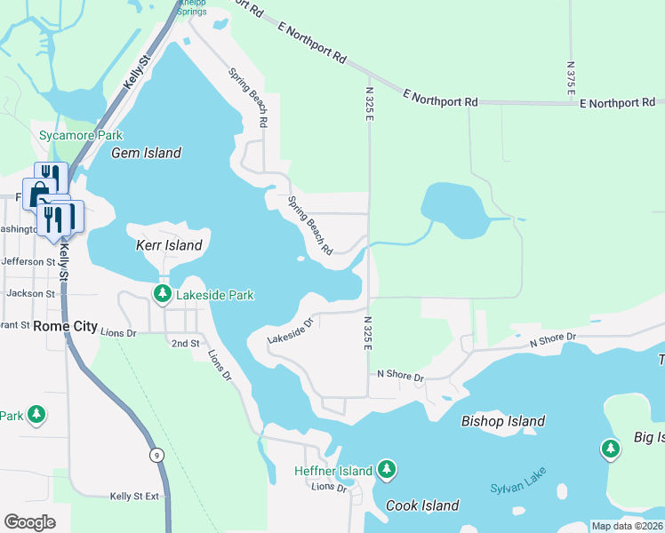 map of restaurants, bars, coffee shops, grocery stores, and more near 685-799 Spring Beach Road in Rome City