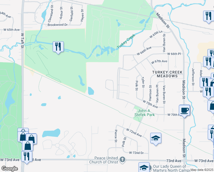 map of restaurants, bars, coffee shops, grocery stores, and more near 6975 Pierce Drive in Merrillville