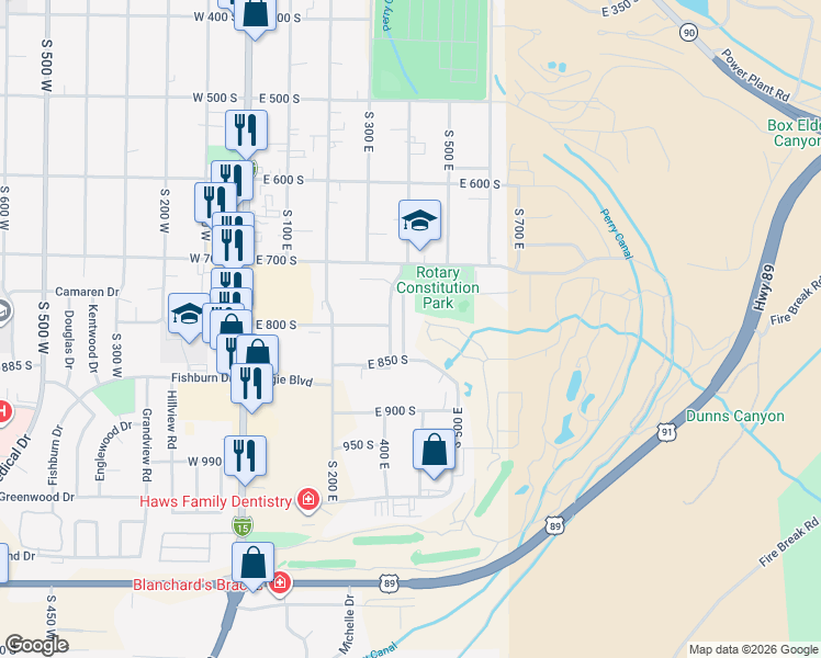 map of restaurants, bars, coffee shops, grocery stores, and more near 787 South 425 East in Brigham City