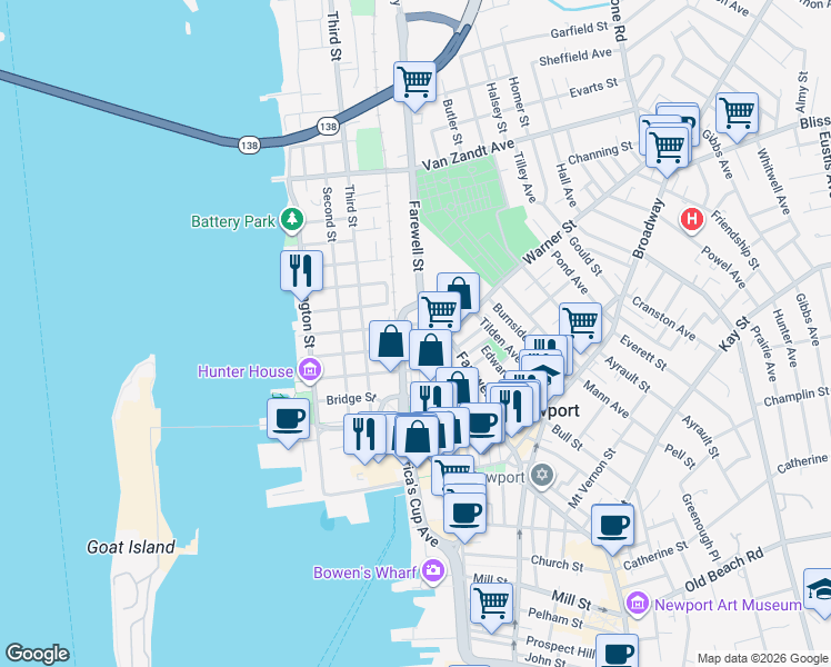 map of restaurants, bars, coffee shops, grocery stores, and more near 1 Willow Street in Newport