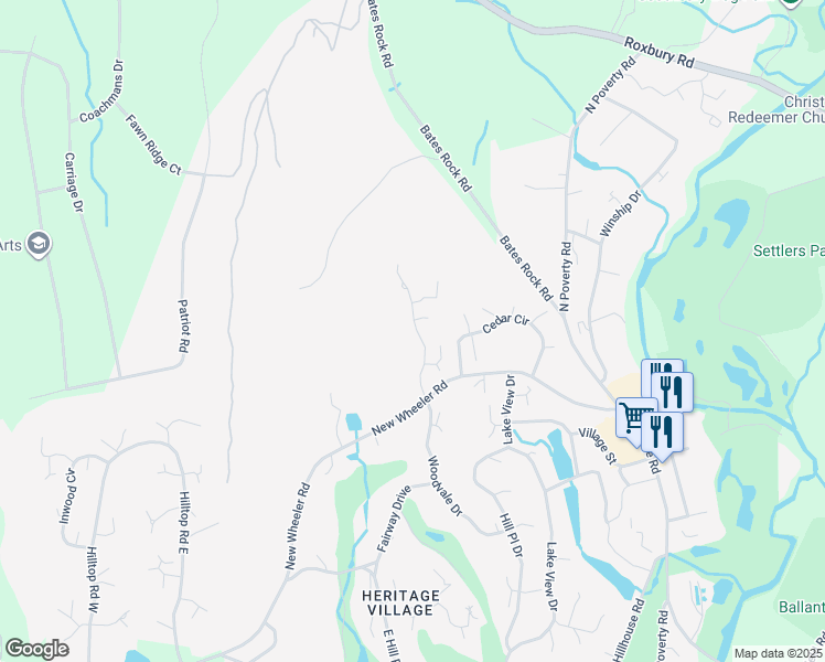 map of restaurants, bars, coffee shops, grocery stores, and more near 11 Heritage Way in Southbury