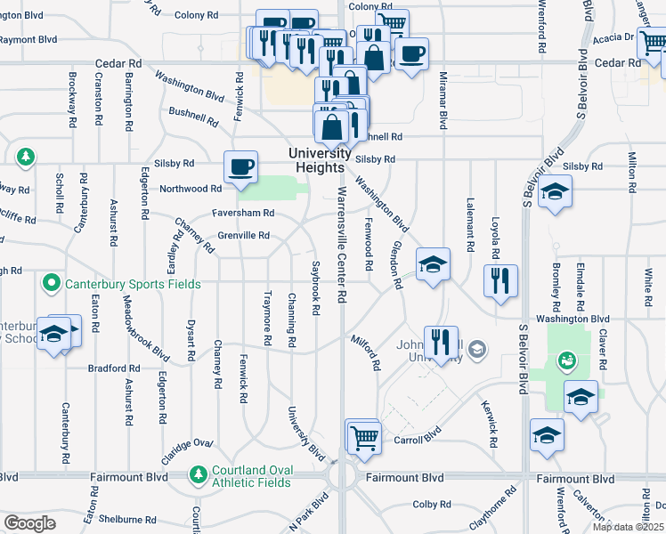 map of restaurants, bars, coffee shops, grocery stores, and more near 2393 Saybrook Road in University Heights