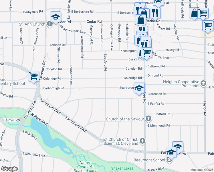 map of restaurants, bars, coffee shops, grocery stores, and more near 3020 Coleridge Road in Cleveland Heights