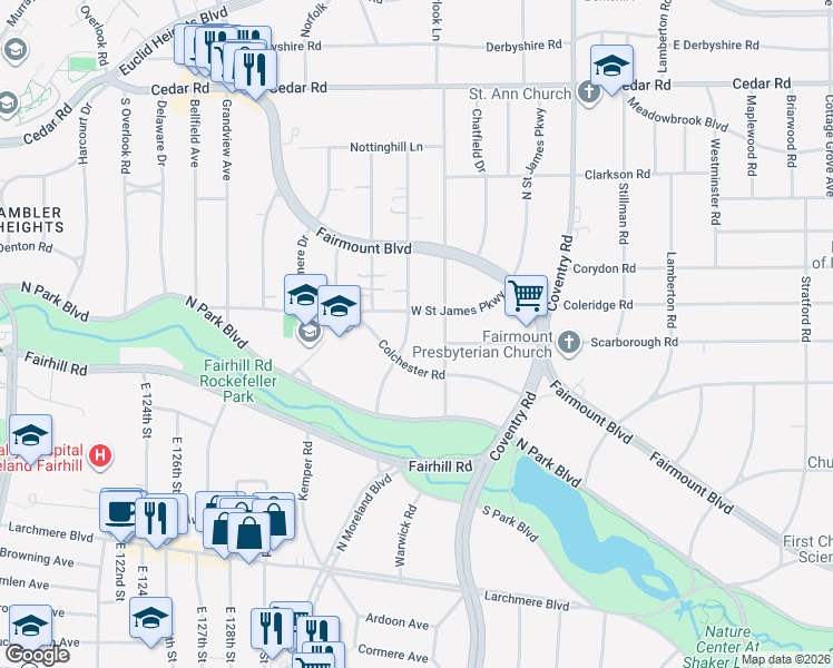 map of restaurants, bars, coffee shops, grocery stores, and more near 2612 West Saint James Parkway in Cleveland Heights