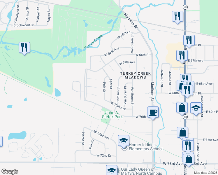 map of restaurants, bars, coffee shops, grocery stores, and more near 6823 Tyler St in Merrillville