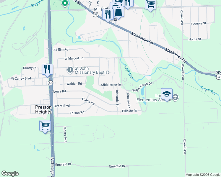 map of restaurants, bars, coffee shops, grocery stores, and more near 307 Middletree Road in Joliet