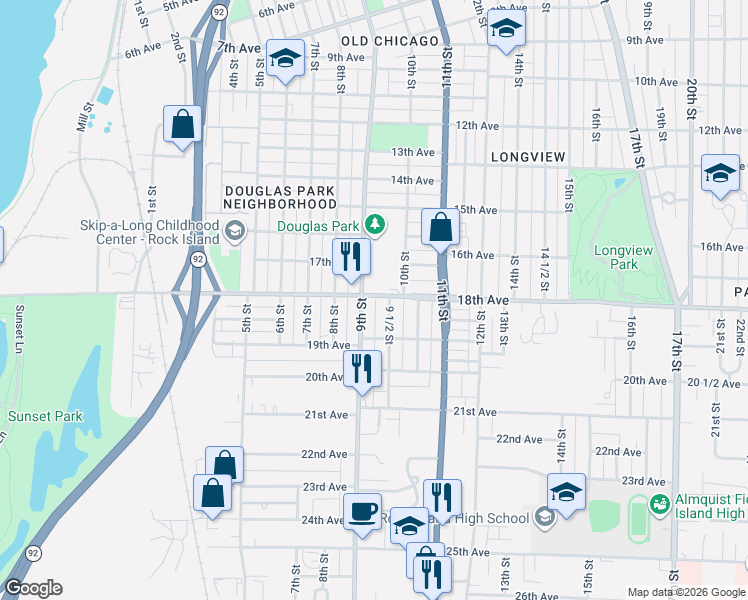 map of restaurants, bars, coffee shops, grocery stores, and more near 926 18th Avenue in Rock Island