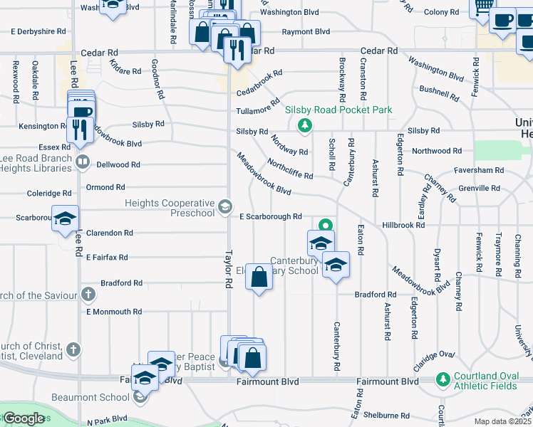 map of restaurants, bars, coffee shops, grocery stores, and more near 2410 Rinard Road in Cleveland Heights