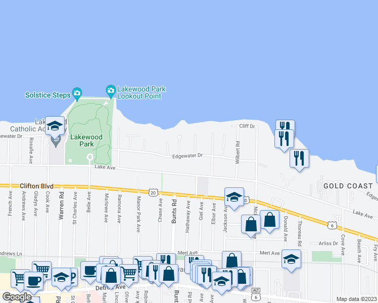 map of restaurants, bars, coffee shops, grocery stores, and more near 1082 Edgewater Lane in Lakewood