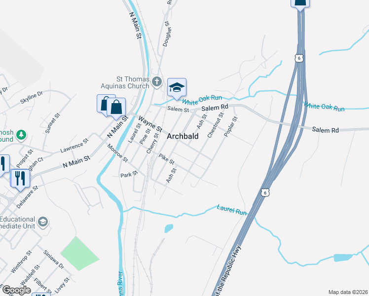 map of restaurants, bars, coffee shops, grocery stores, and more near in Archbald