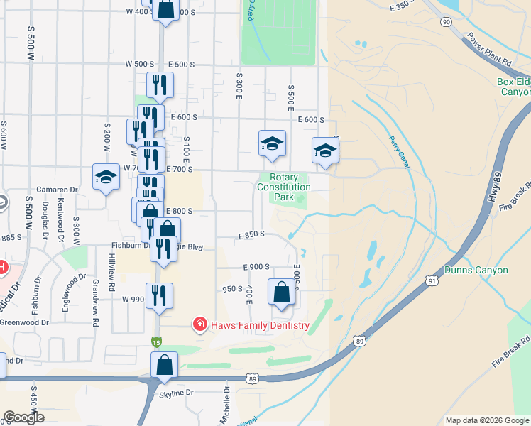 map of restaurants, bars, coffee shops, grocery stores, and more near 801 South 425 East in Brigham City