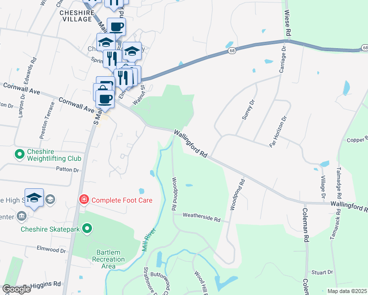 map of restaurants, bars, coffee shops, grocery stores, and more near 187 Wallingford Road in Cheshire