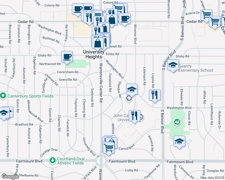 map of restaurants, bars, coffee shops, grocery stores, and more near 2405 Fenwood Road in University Heights