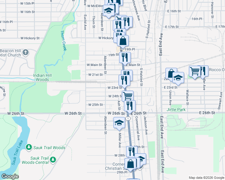 map of restaurants, bars, coffee shops, grocery stores, and more near 2100 West 23rd Street in Chicago Heights