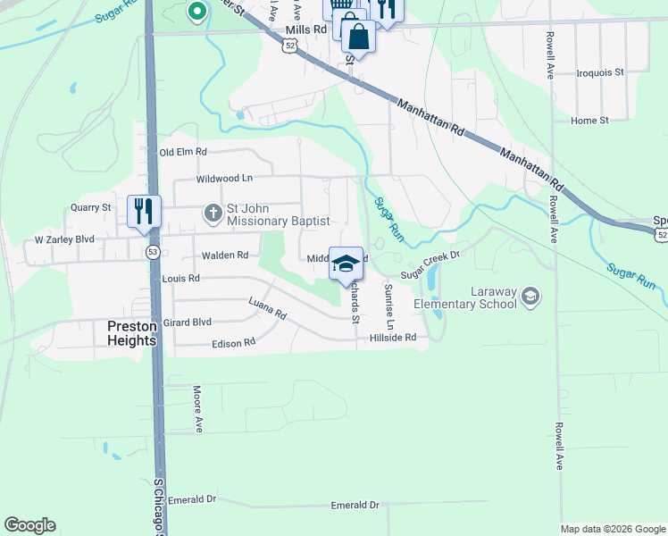 map of restaurants, bars, coffee shops, grocery stores, and more near 307 Middletree Road in Joliet