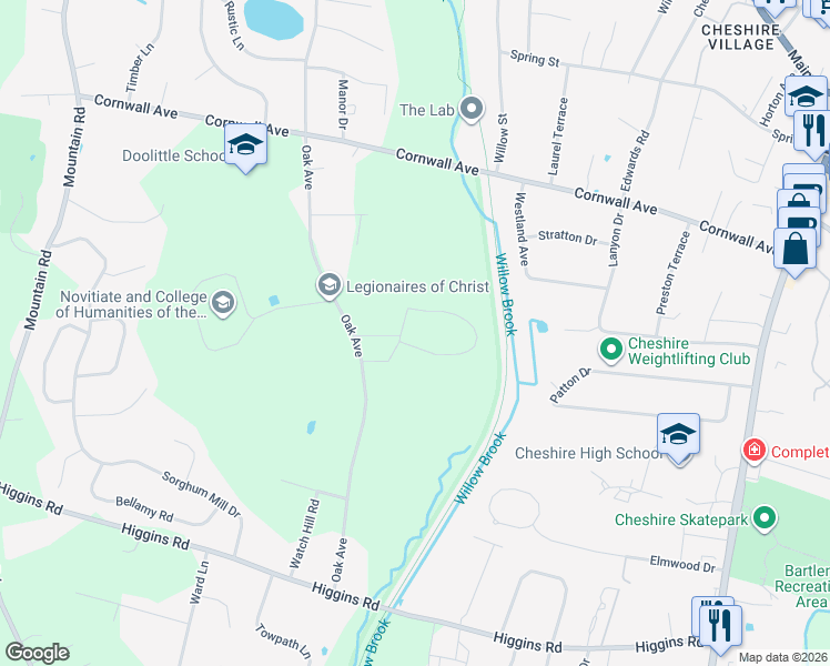 map of restaurants, bars, coffee shops, grocery stores, and more near 508 Oak Avenue in Cheshire
