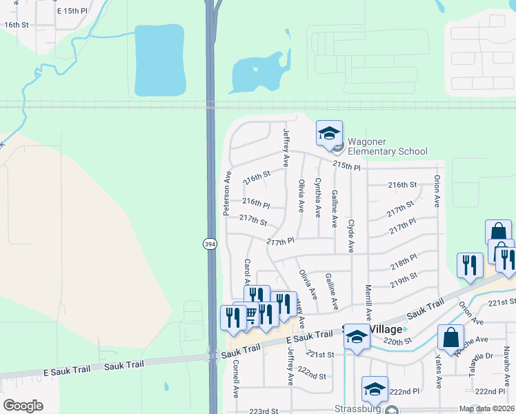 map of restaurants, bars, coffee shops, grocery stores, and more near 1616 216th Place in Sauk Village