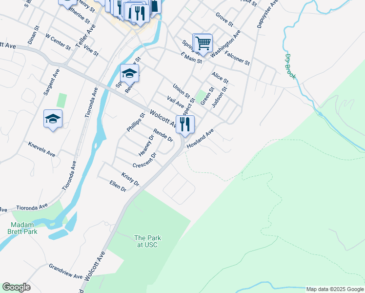 map of restaurants, bars, coffee shops, grocery stores, and more near Howland Ave & Wolcott Ave in Beacon