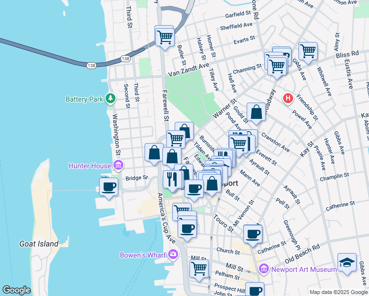 map of restaurants, bars, coffee shops, grocery stores, and more near 5 Warner Street in Newport