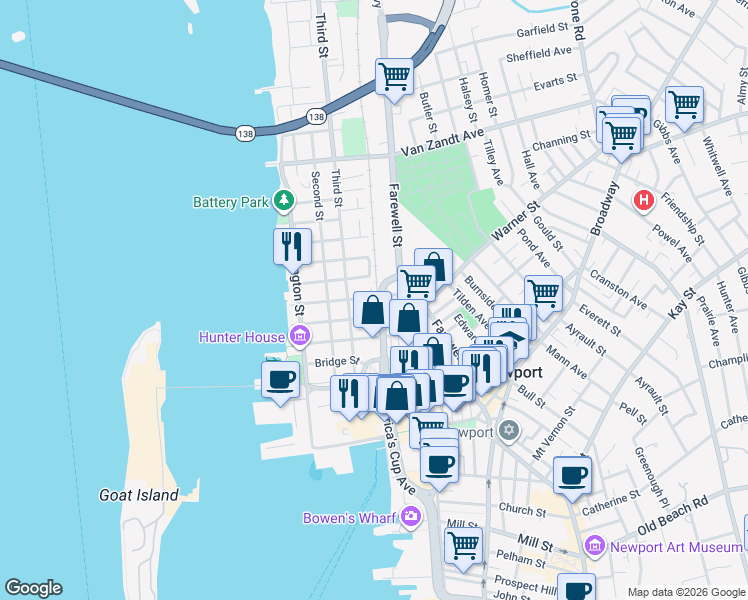 map of restaurants, bars, coffee shops, grocery stores, and more near 2 Willow Street in Newport