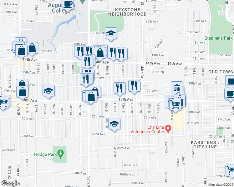 map of restaurants, bars, coffee shops, grocery stores, and more near 1553 41st Street in Rock Island