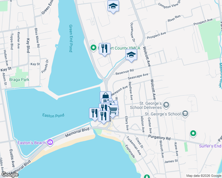 map of restaurants, bars, coffee shops, grocery stores, and more near 193A Aquidneck Avenue in Middletown