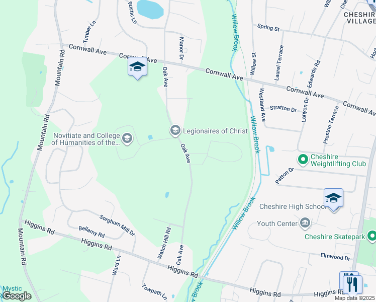 map of restaurants, bars, coffee shops, grocery stores, and more near 474 Oak Avenue in Cheshire